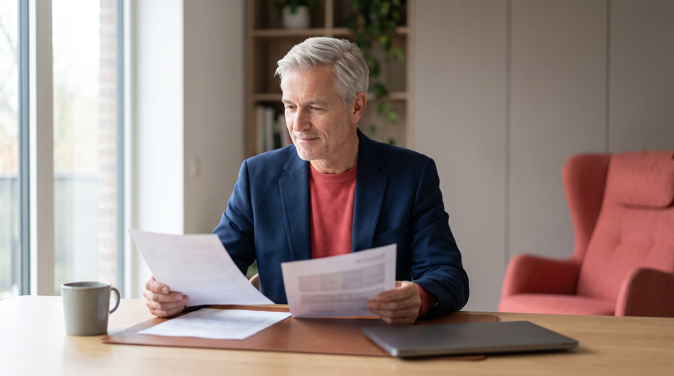 Festgeld: Mann um die sechzig sitzt am Schreibtisch im Arbeitszimmer und vergleicht zwei Anlageunterlagen ohne lesbaren Text, ohne Bankmarke