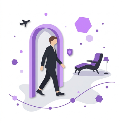 Illustration: Person geht durch Lounge-Tür mit Lounge-Sessel und Flugzeug-Symbol im Hintergrund