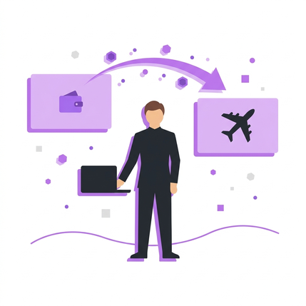 Illustration: Punkte-Transfer zwischen Wallet- und Reise-Programmen mit Pfeil und Hexagonen