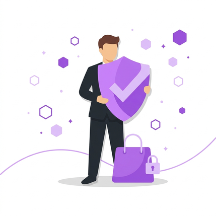 Illustration: Person mit Schutzschild und Einkaufstasche mit Schloss-Symbol