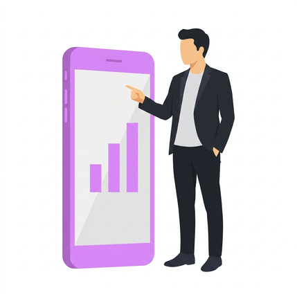Illustration: Person zeigt auf ein großes lilafarbenes Smartphone mit Trading-App und Balkendiagramm