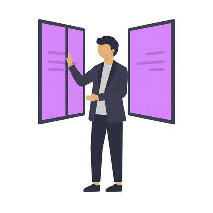 Illustration: Person vergleicht zwei große lilafarbene Broker-Plattformen nebeneinander