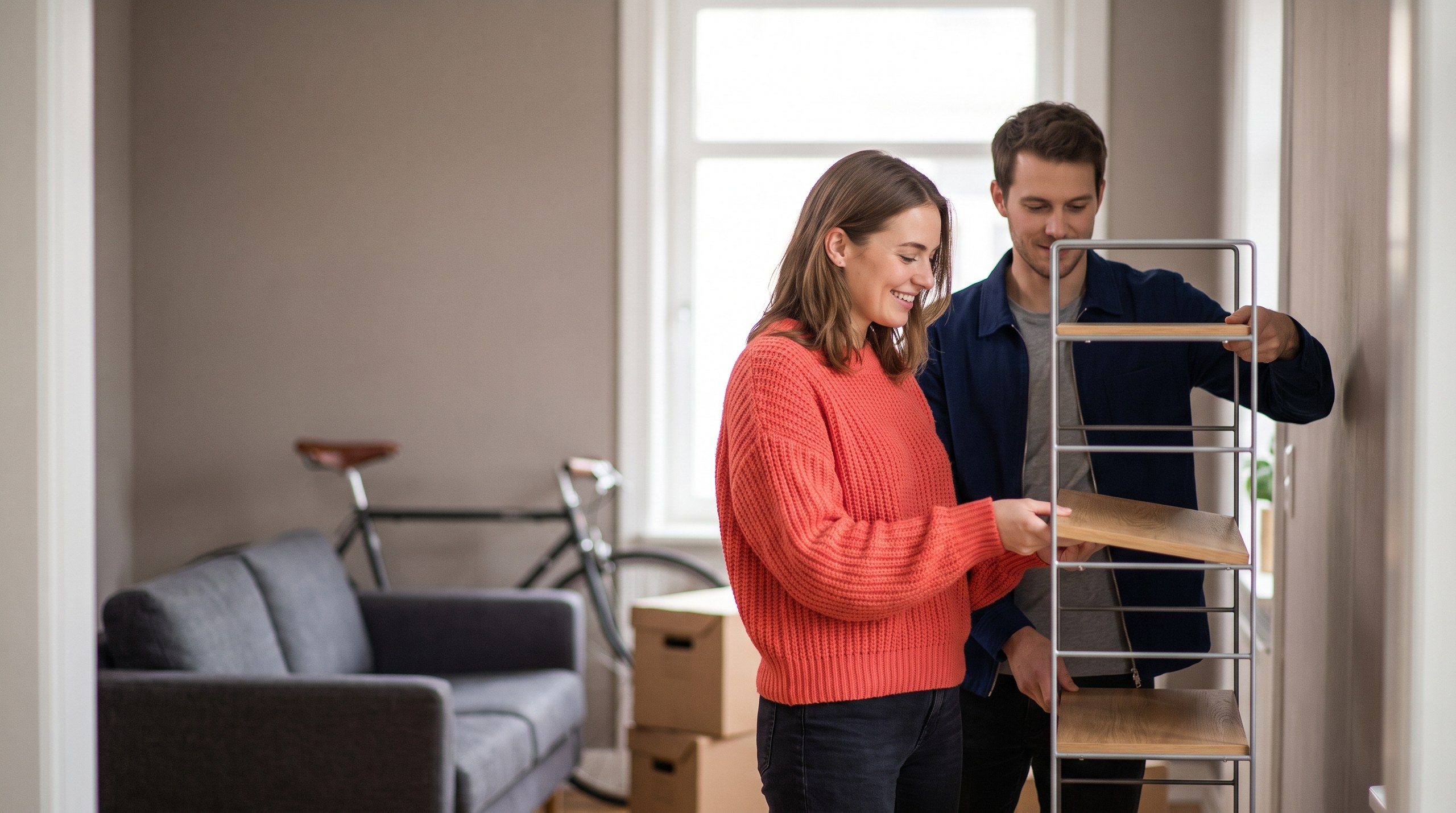 Hausratversicherung: junges Paar richtet die neue Wohnung mit Sofa, Regal und Fahrrad im Flur ein, ohne Versicherungsmarke