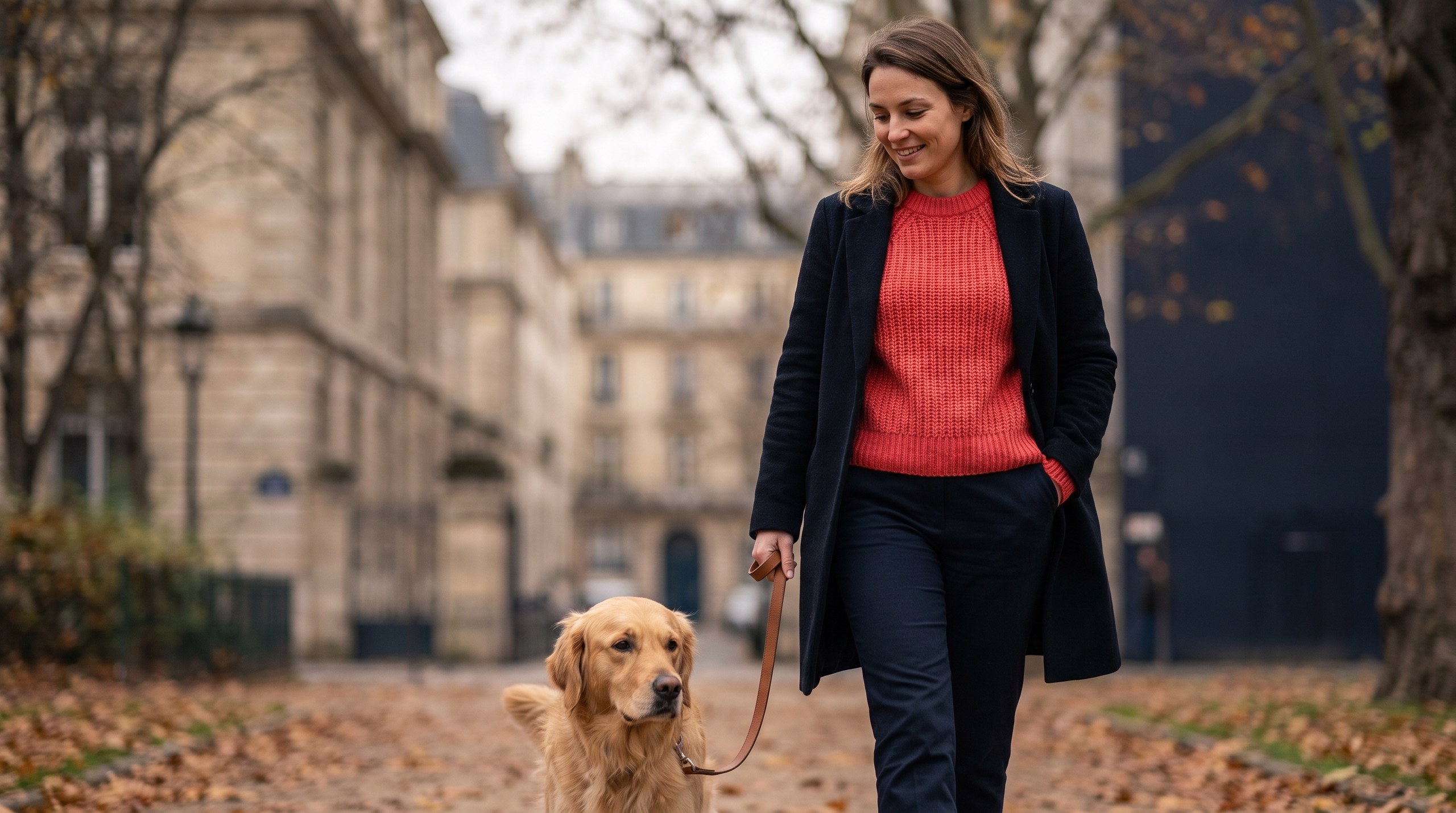 Hundehaftpflicht: Frau führt ihren angeleinten mittelgroßen Hund durch einen herbstlichen Stadtpark, ohne Versicherungsmarke