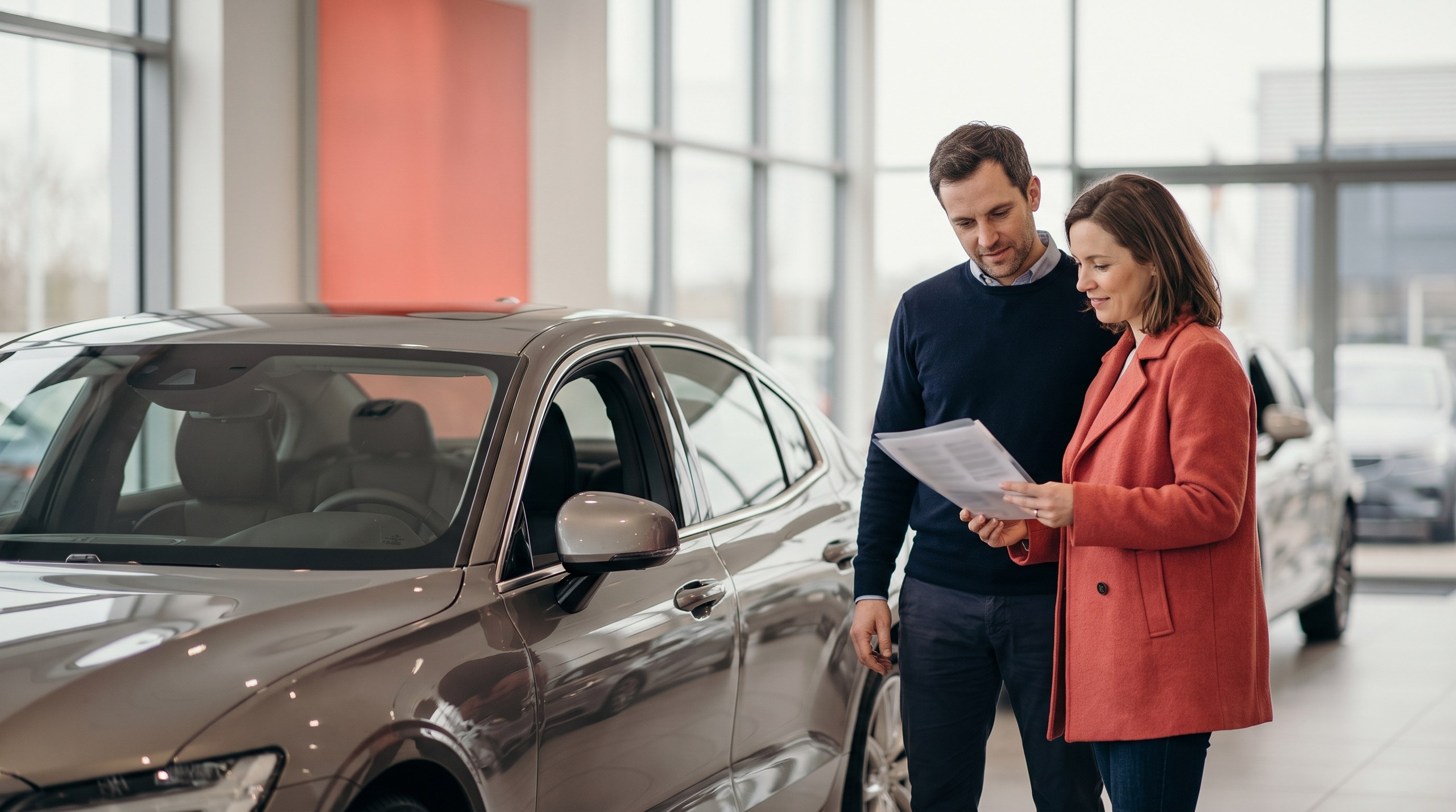 Autokredit: Paar steht im Autohaus neben einem neutralen Mittelklassewagen ohne Markenzeichen und Kennzeichen und sieht Finanzierungsunterlagen ohne lesbaren Text durch
