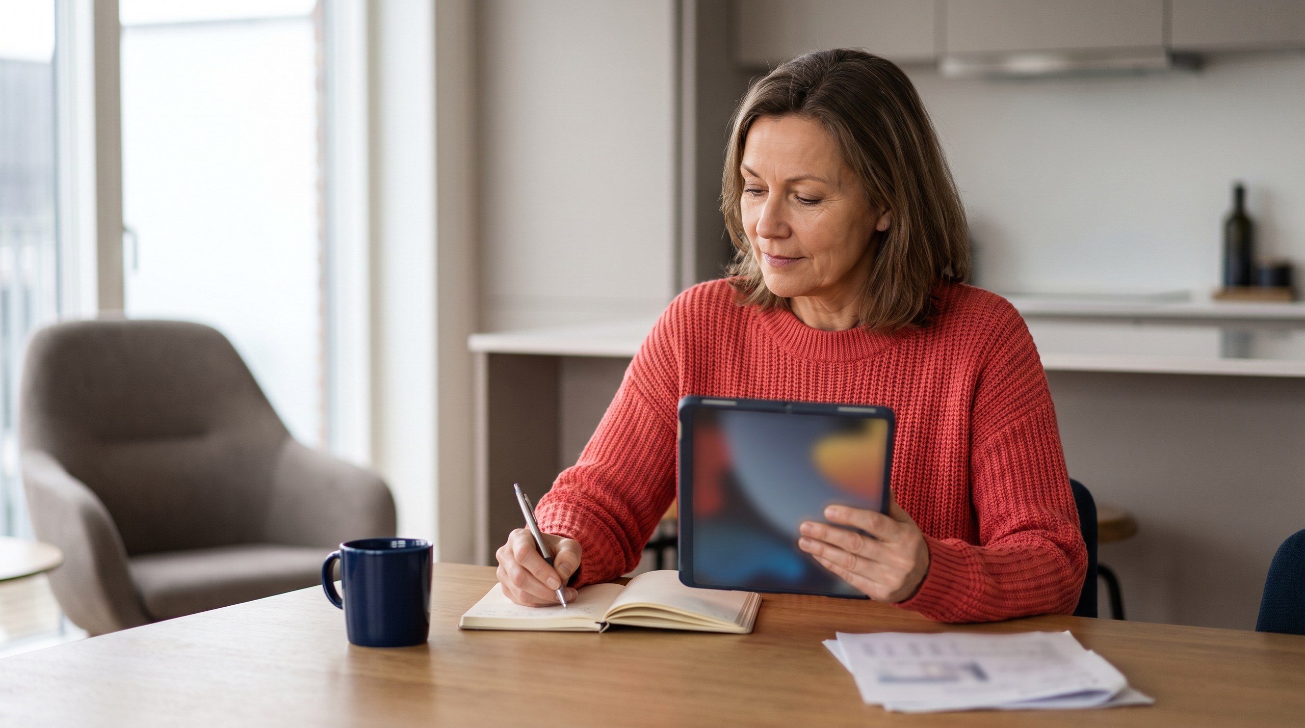 Erfahrungen mit einer Direktbank: Frau um die fünfzig liest am Küchentisch auf dem Tablet und macht sich Notizen, Bildschirm ohne lesbaren Text, ohne Bankmarke