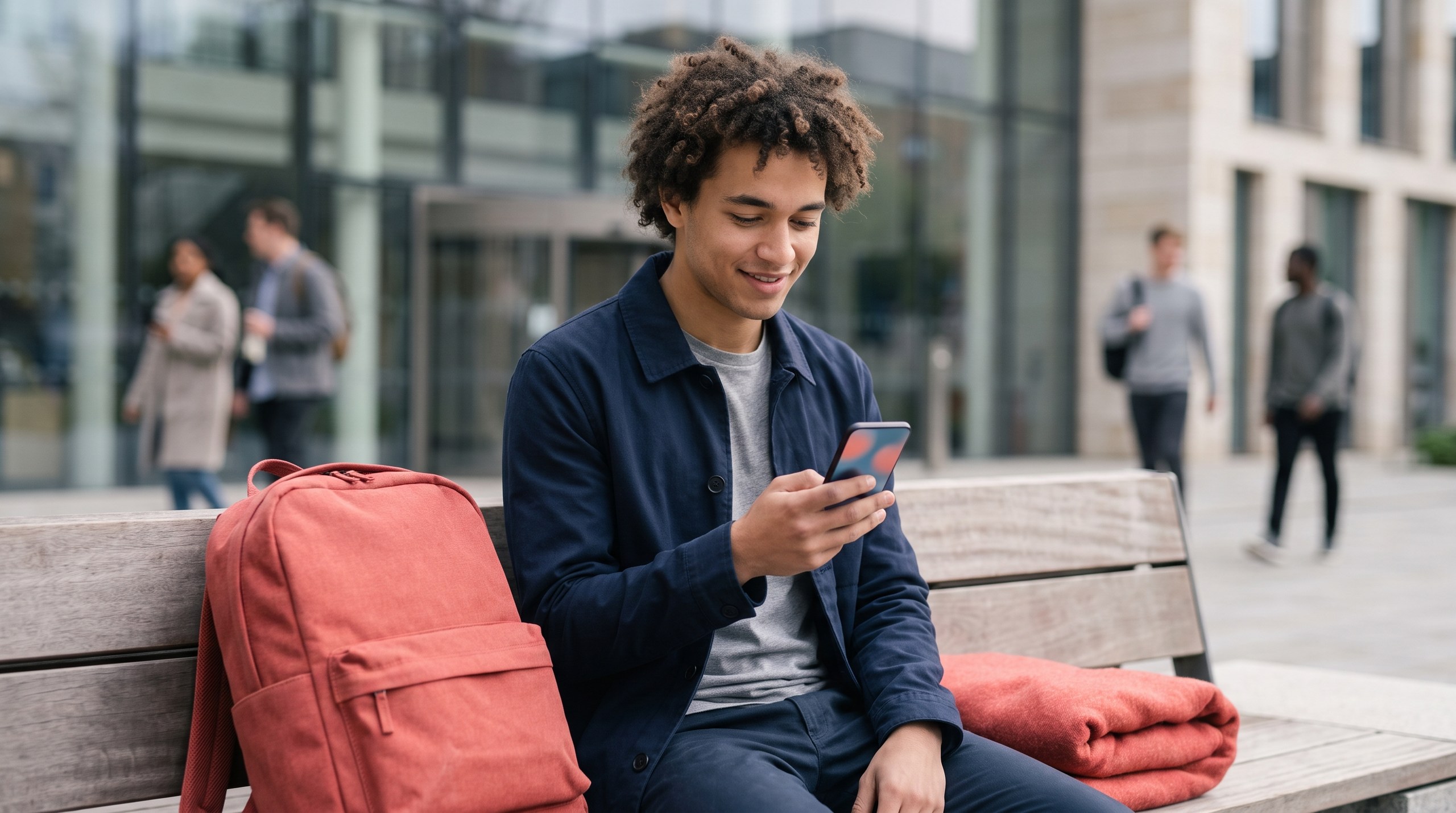 Junger Student sitzt mit Rucksack auf einer Bank auf dem Campus und prüft sein Startkonto auf dem Smartphone