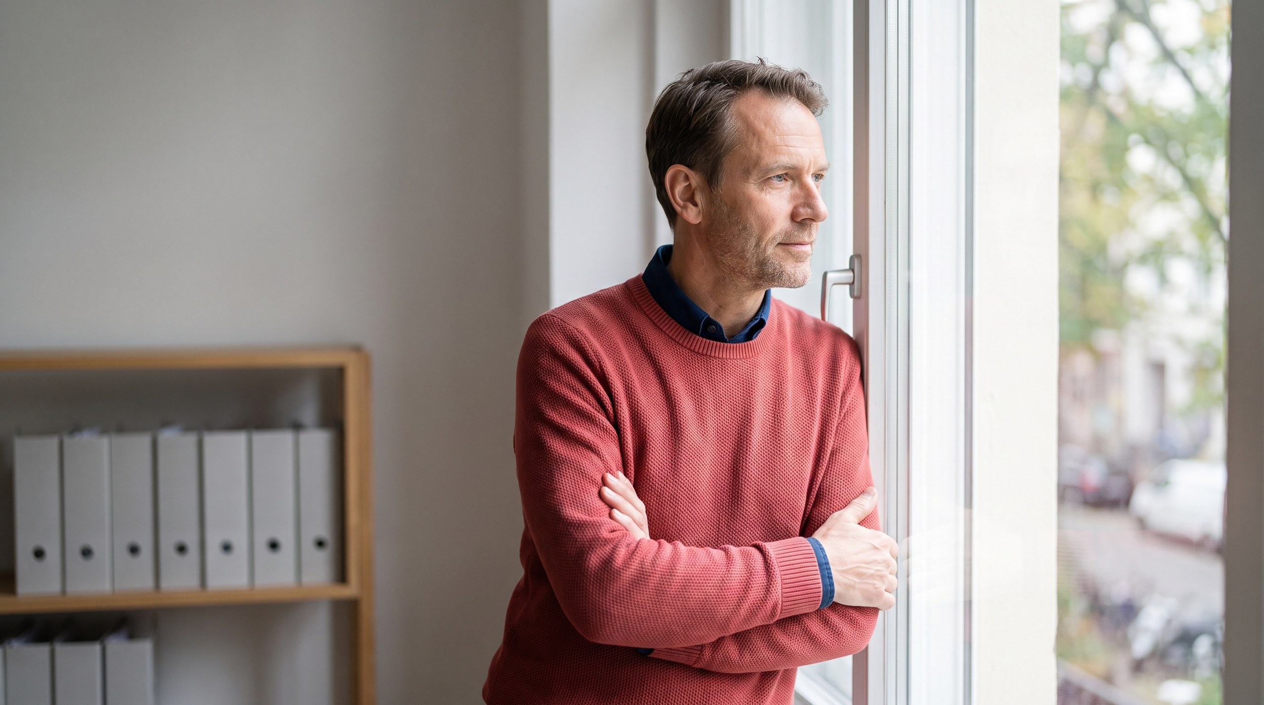 Sicherheit der Geldanlage: Mann um die fünfzig steht nachdenklich am Fenster eines hellen Arbeitszimmers, die Arme verschränkt, im Hintergrund ein schlichtes Regal mit neutralen Ordnern ohne Beschriftung