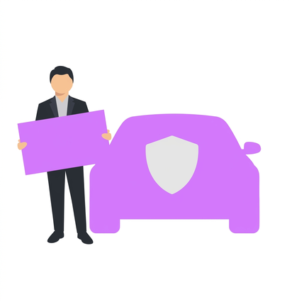 Person mit Kreditkarte mit Mietwagenversicherung neben einem Auto mit Schutzschild